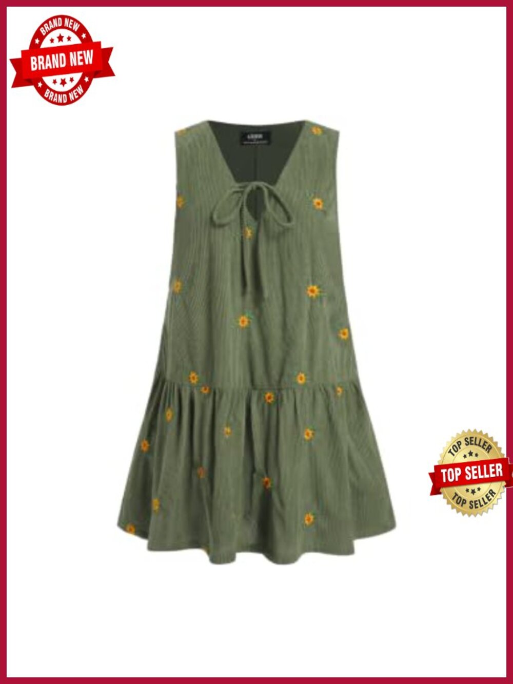 Corduroy Mini Dress Floral Sleeveless Loose Fit Boho Casual